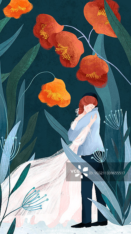 情人节七红色花朵下拥抱的男女恋人手绘插画图片素材