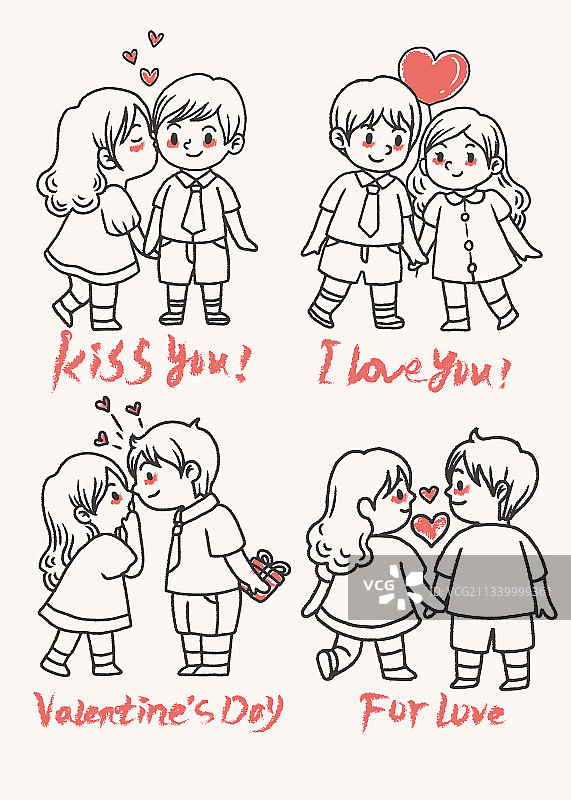 铅笔手绘情人节卡通情侣矢量图图片素材