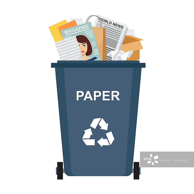垃圾桶里装着废纸，可回收垃圾图片素材