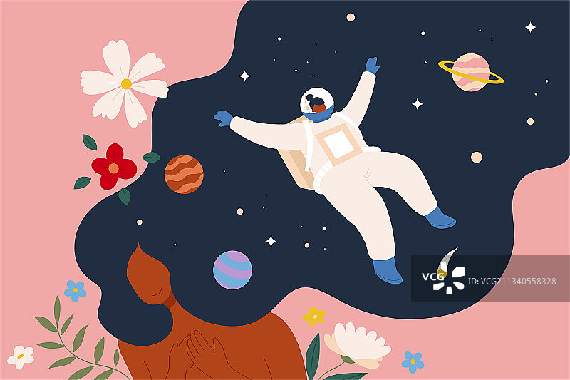 女孩梦想成为太空人徜徉在星空中卡通插图图片素材