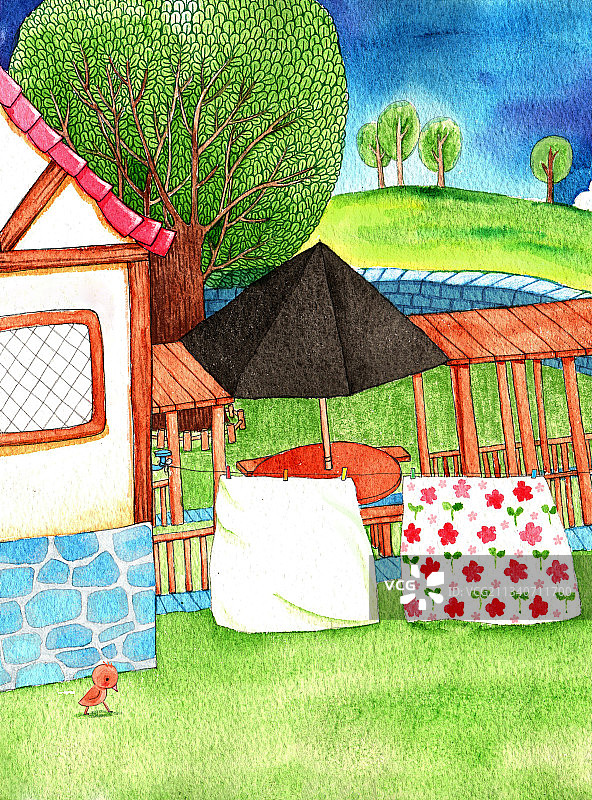 绘本插画母鸡小鸡系列-在院子里晒被子图片素材