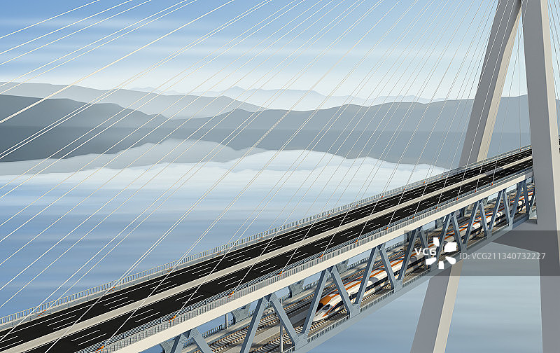公路铁路二用跨海斜拉桥和高速列车，三维图形制作图片素材