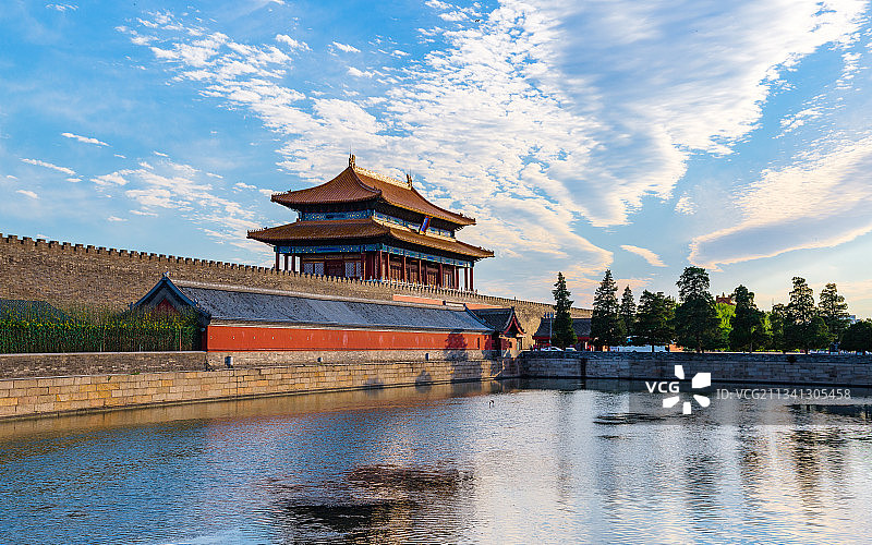 北京故宫博物院角楼护城河日落风光图片素材