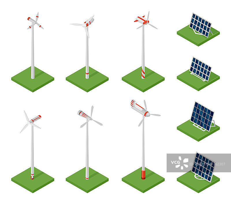 等距太阳能电池板和风力涡轮机的概念图片素材