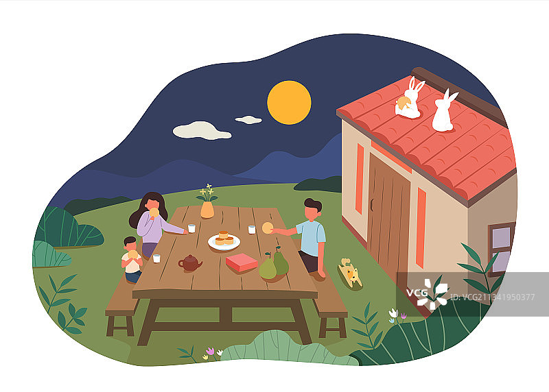庭院中赏月吃月饼的一家人 中秋平面插图图片素材