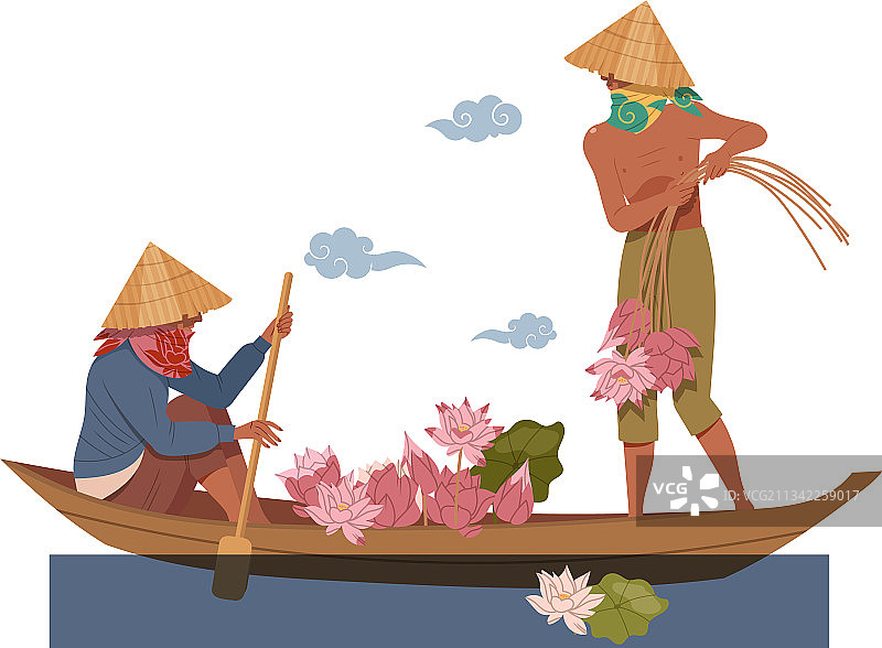 亚洲农民戴着锥形草帽捡船图片素材