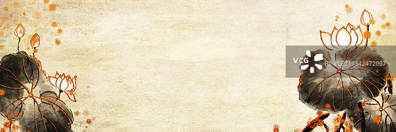 中国风金色边水墨传统华丽装饰奢靡风牛皮纸背景插图荷叶荷花图片素材