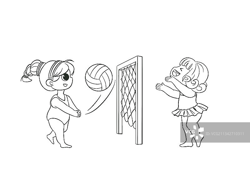 手绘人物卡通女孩双人沙滩排球简笔画图片素材