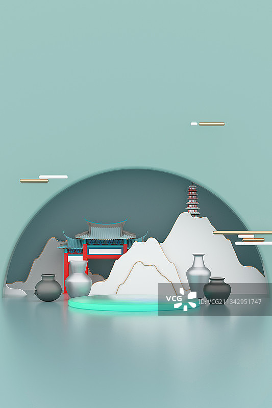 3d渲染中国风山水展示台背景图片素材