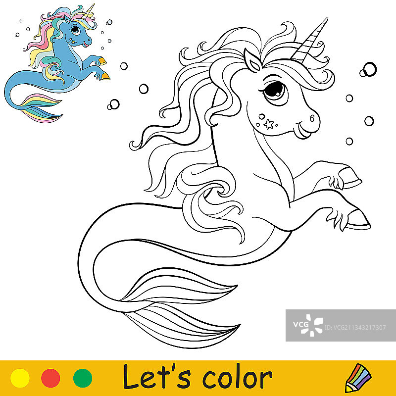 卡通可爱的海独角兽与气泡着色图片素材