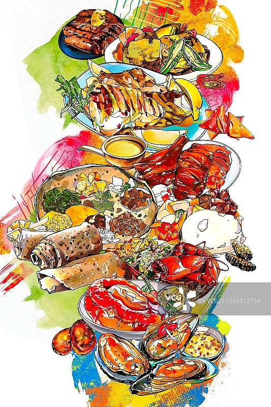 非洲美食手绘插画 英吉拉 海鲜 鸡肉 南非 北非 东非图片素材