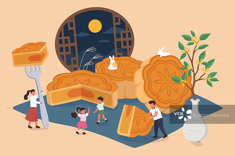 中秋微型人物家庭享用月饼扁平插图图片素材
