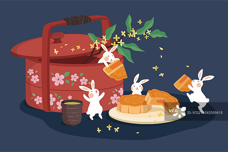中秋玉兔搬运点心盒与月饼逗趣扁平插图图片素材