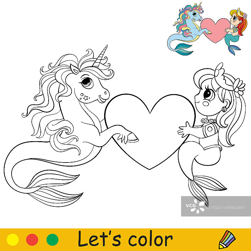 彩色卡通可爱的美人鱼和海马抱图片素材