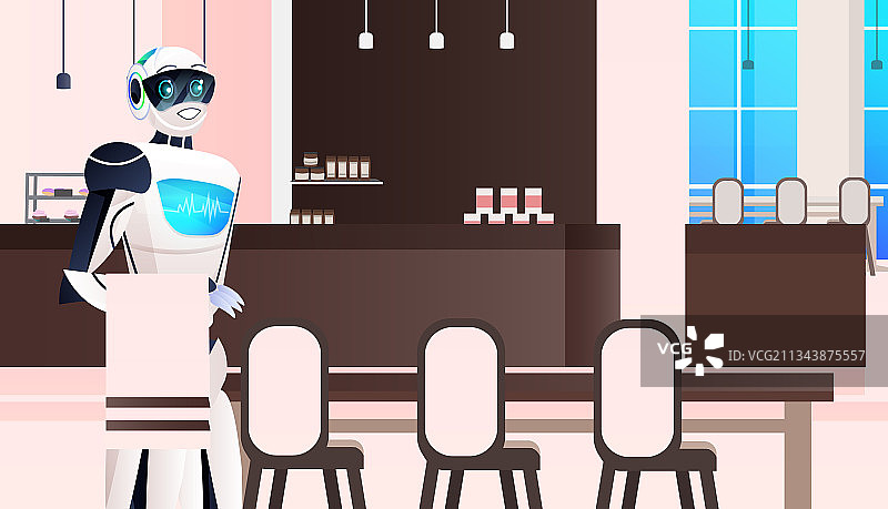 现代机器人服务员站在咖啡馆人工图片素材