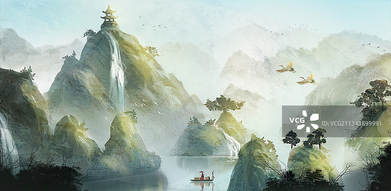 中国风绿色春天山水背景插画图片素材