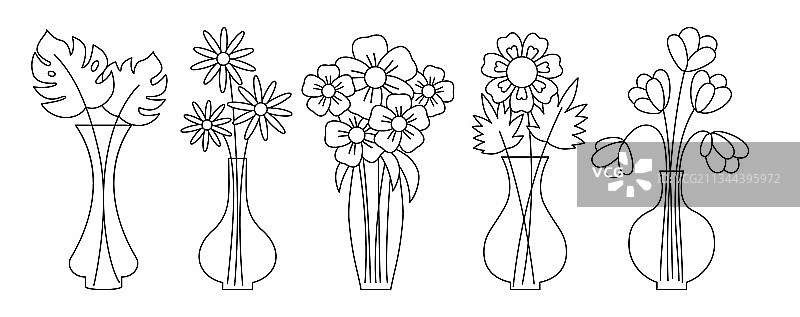 黑色线条的花瓶与可爱的花朵flat set图片素材
