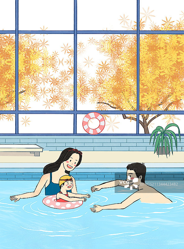 在游泳馆游泳的一家人图片素材