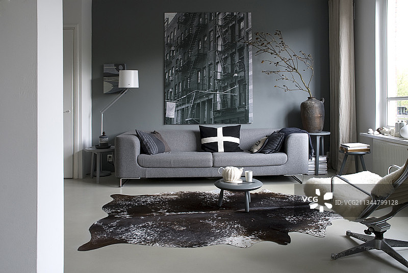 灰色的冬日客厅，铺着牛皮地毯图片素材