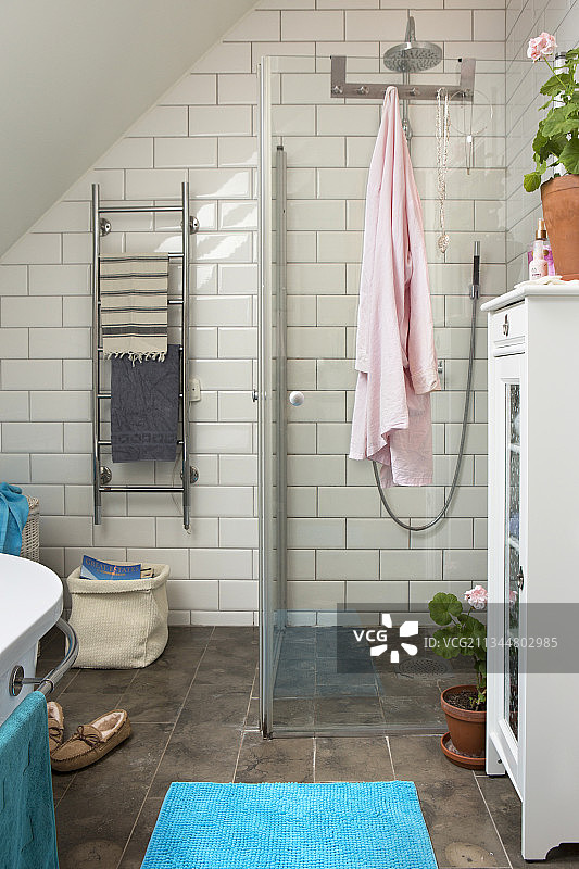 淋浴区与浴室的玻璃隔断与白色地下瓷砖图片素材