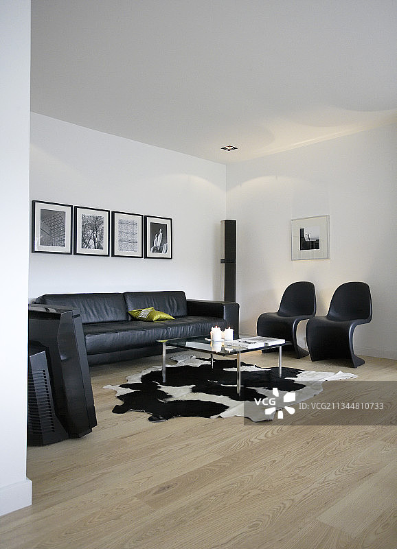黑色古典椅，真皮沙发，牛皮地毯上的咖啡桌图片素材