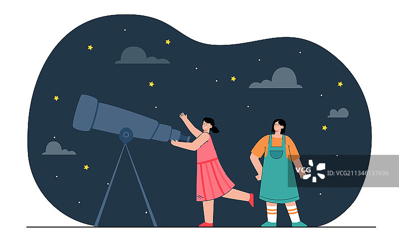 快乐的女孩用望远镜看星星图片素材