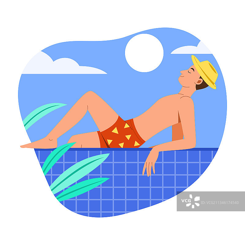 一个男人坐在游泳池里享受夏天图片素材
