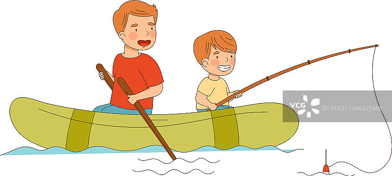 爸爸带着儿子带着钓竿在船上航行图片素材