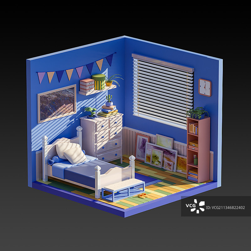 3D卡通风格蓝色卧室主题插画图片素材