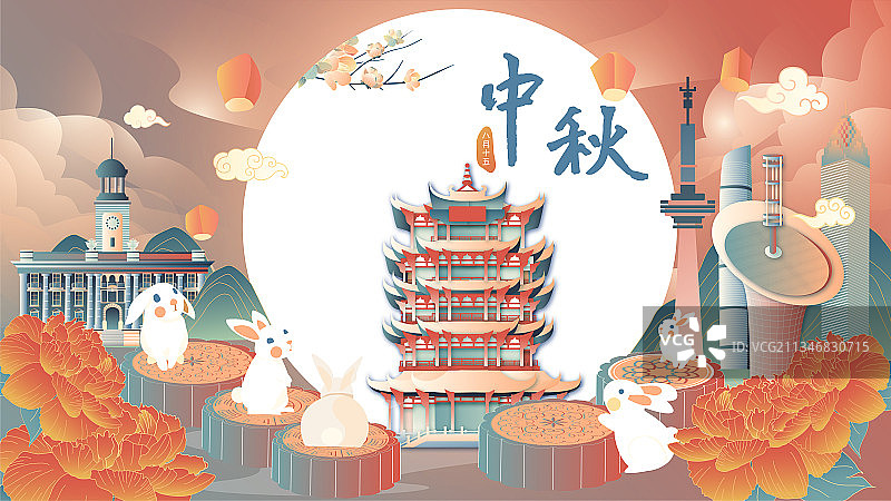 中秋节五只兔子站在月饼上看月亮和黄鹤楼矢量插画图片素材