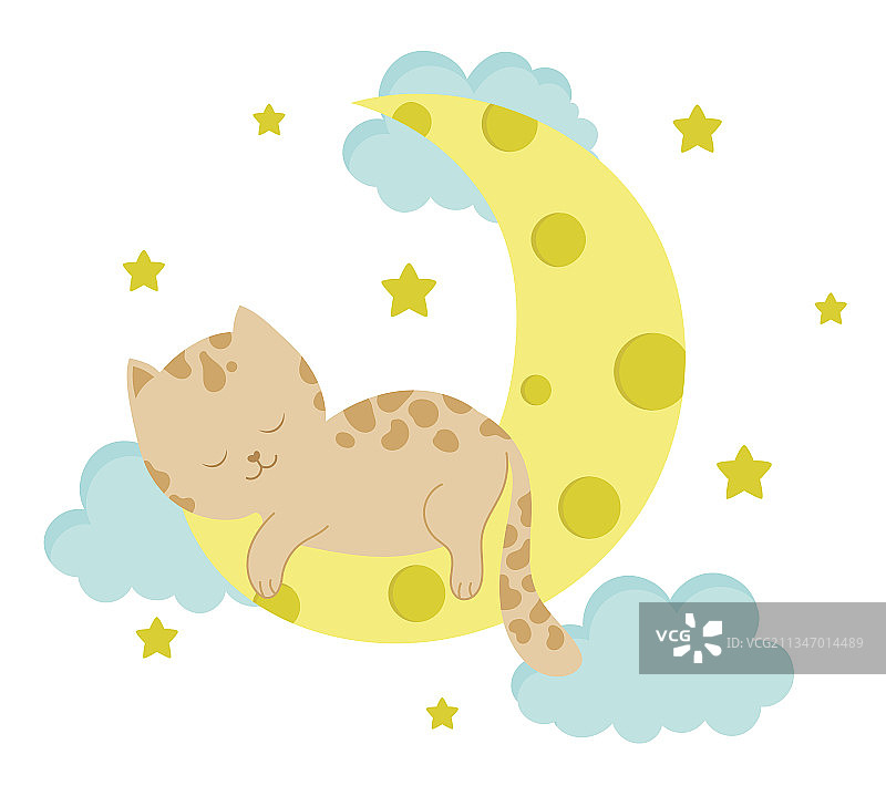 可爱的猫睡在月亮上的动物宝宝的概念图片素材