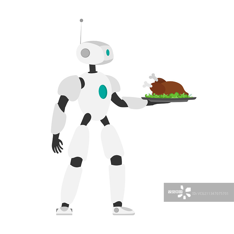 机器人正拿着一个装着炸肉的金属托盘图片素材