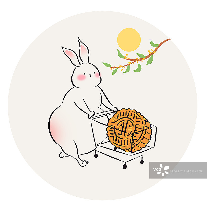 中秋节节日节气月亮桂花树下兔子购物月饼可爱海报插画图片素材