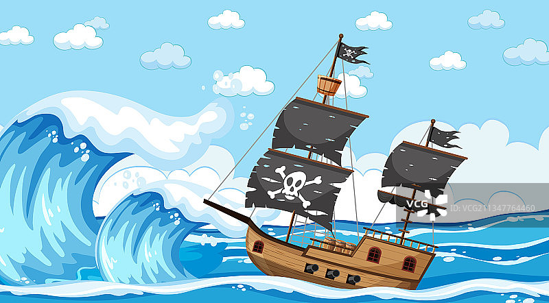 白天海面上有海盗船的景象图片素材