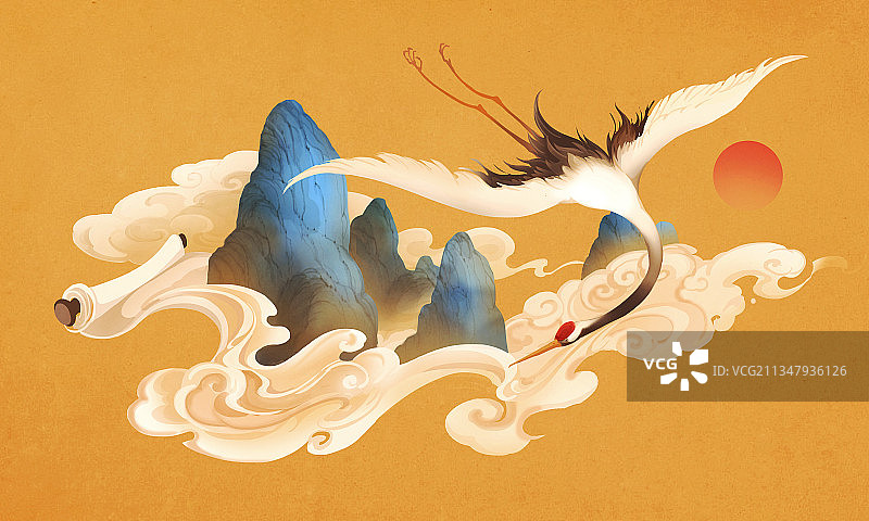 中国文化，仙鹤，插画图片素材
