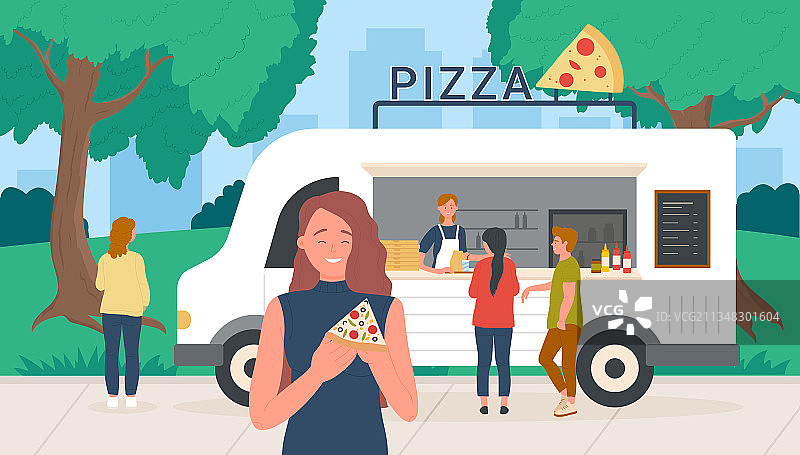 夏季公园里的披萨街市食品卡车图片素材