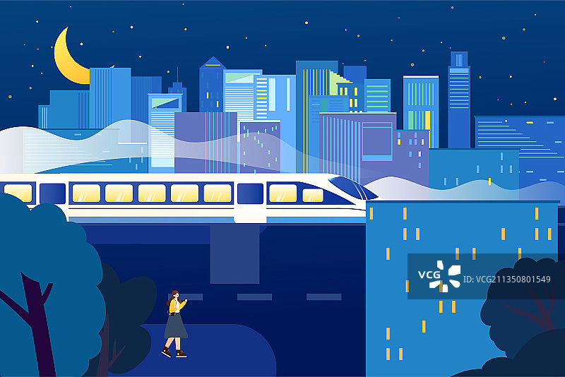 夜晚地铁穿过城市矢量插画横图图片素材