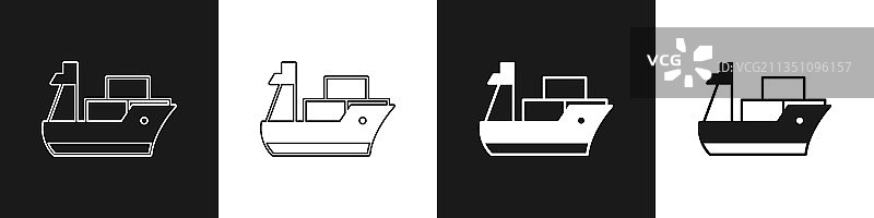 设置货船图标孤立在黑色和白色图片素材