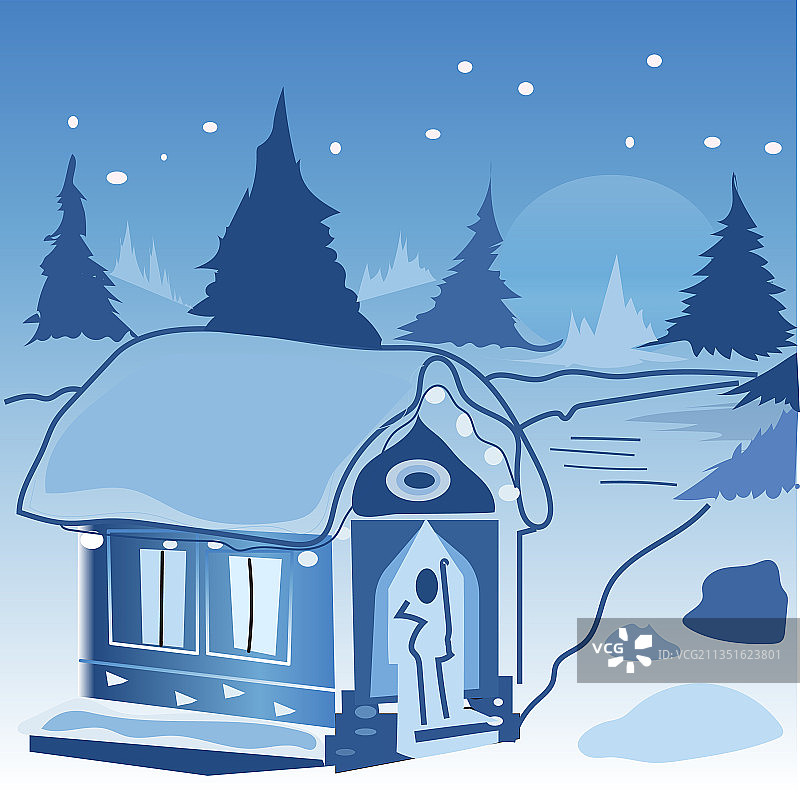 冬季景观与木材房屋月亮和图片素材