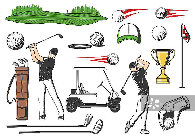 高尔夫球手和高尔夫俱乐部运动项目装备图标图片素材