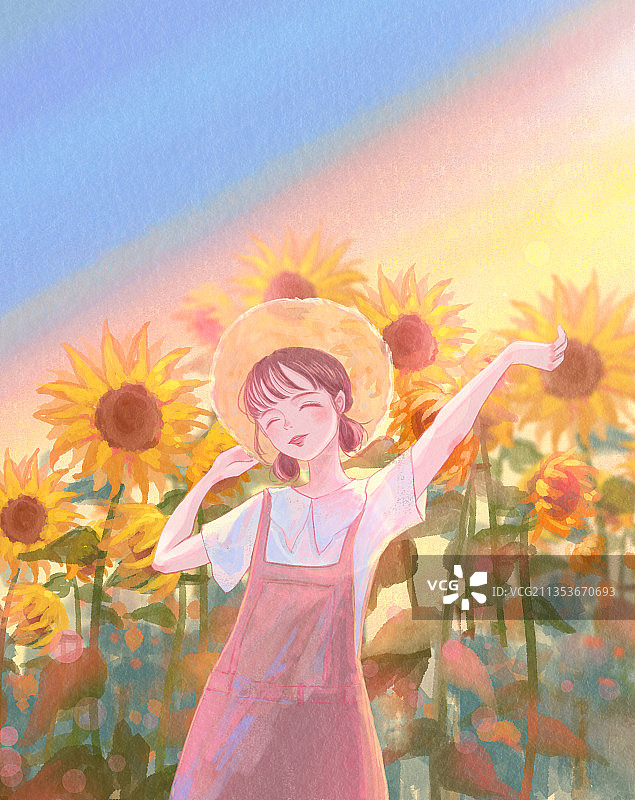 戴草帽的少女在向日葵地开心的笑插画图片素材