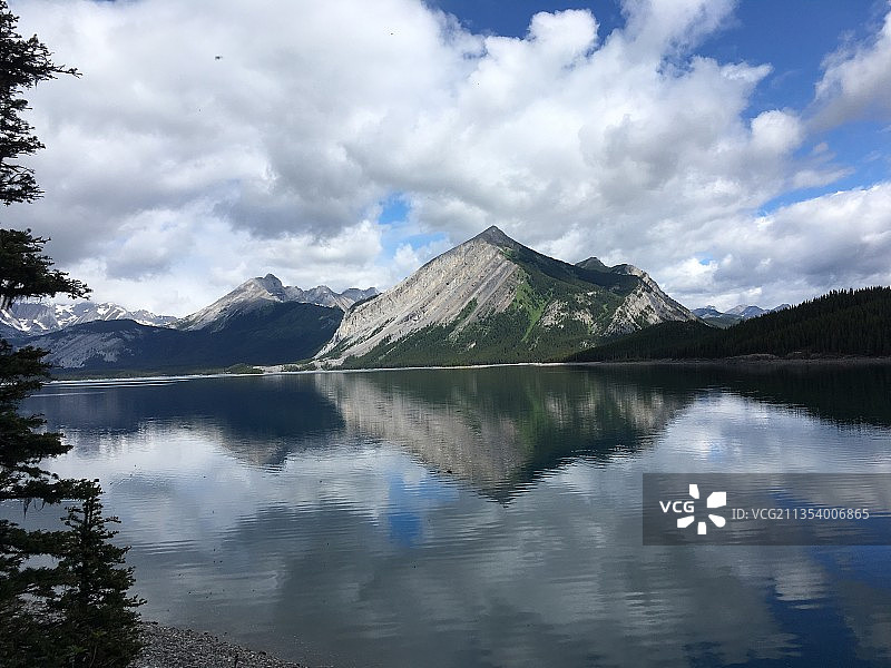 加拿大萨斯喀彻温省，天空衬托下的湖泊和山脉的风景图片素材
