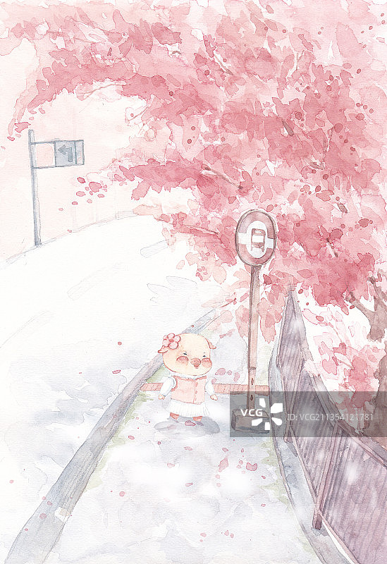 水彩手绘插画春天粉色樱花户外街道风景图片素材