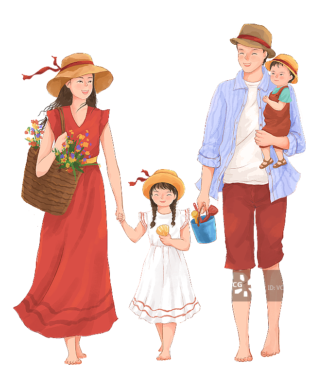 夏天牵手走路的一家人插画图片素材
