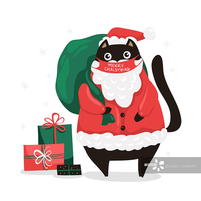 戴着冠状病毒口罩的猫圣诞老人问候图片素材