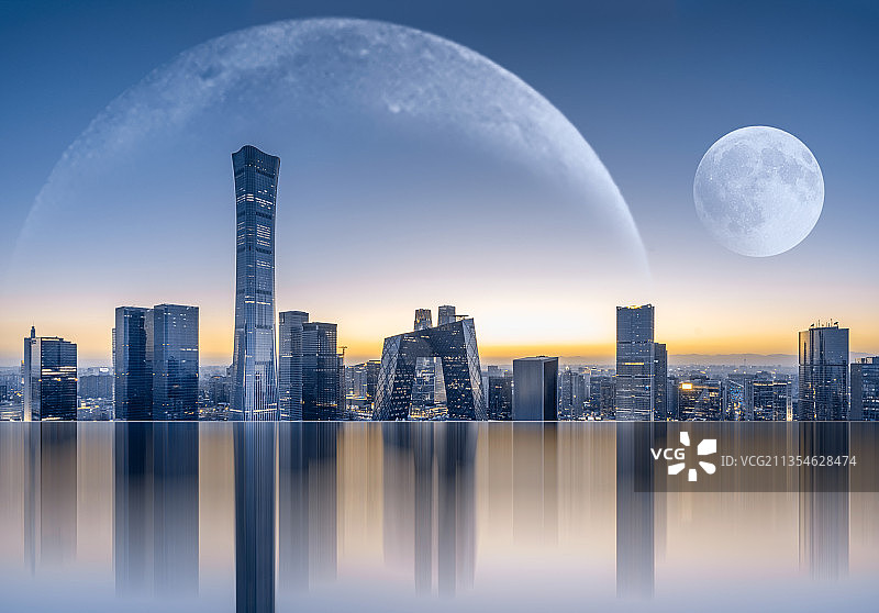 月亮下的北京国贸商业区图片素材
