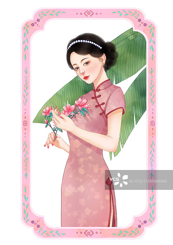 民国风粉色旗袍少女图片素材
