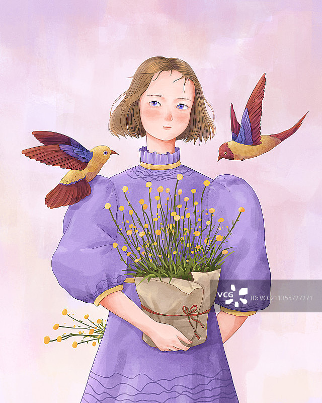 少女鲜花和鸟插画图片素材