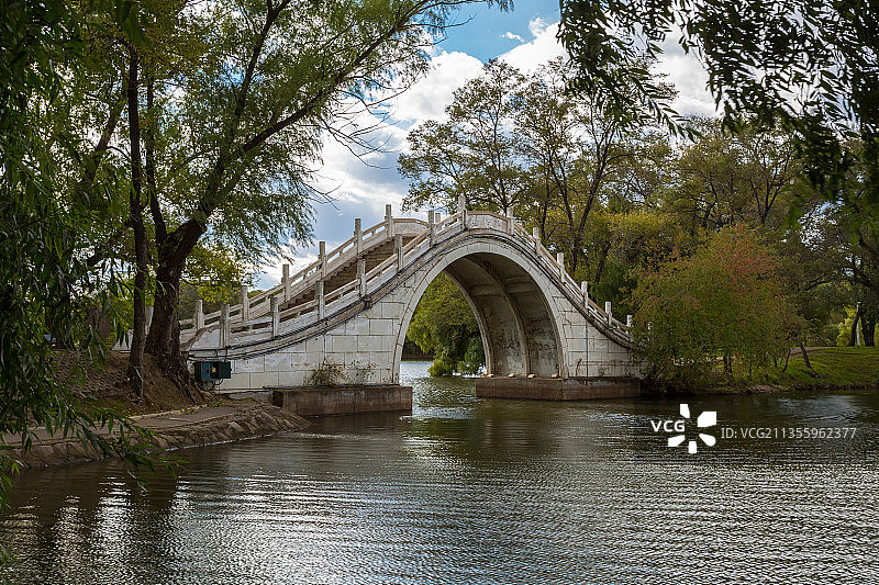 黑龙江省齐齐哈尔市龙沙公园翠红桥，拱桥图片素材