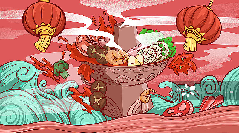 红色国潮风格火锅食材-插画图片素材